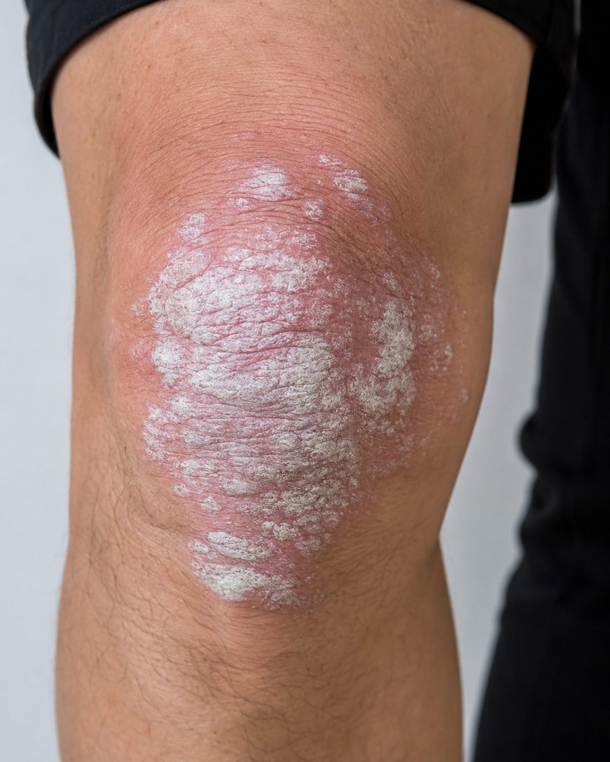 Plaque psoriasis on a knee, showing a raised red patch with silvery-white scale.