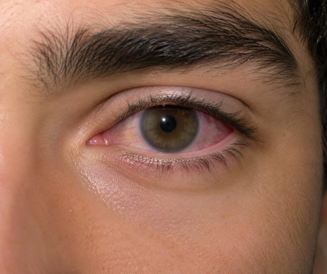 A red, inflamed eye showing signs of anterior uveitis (iritis).
